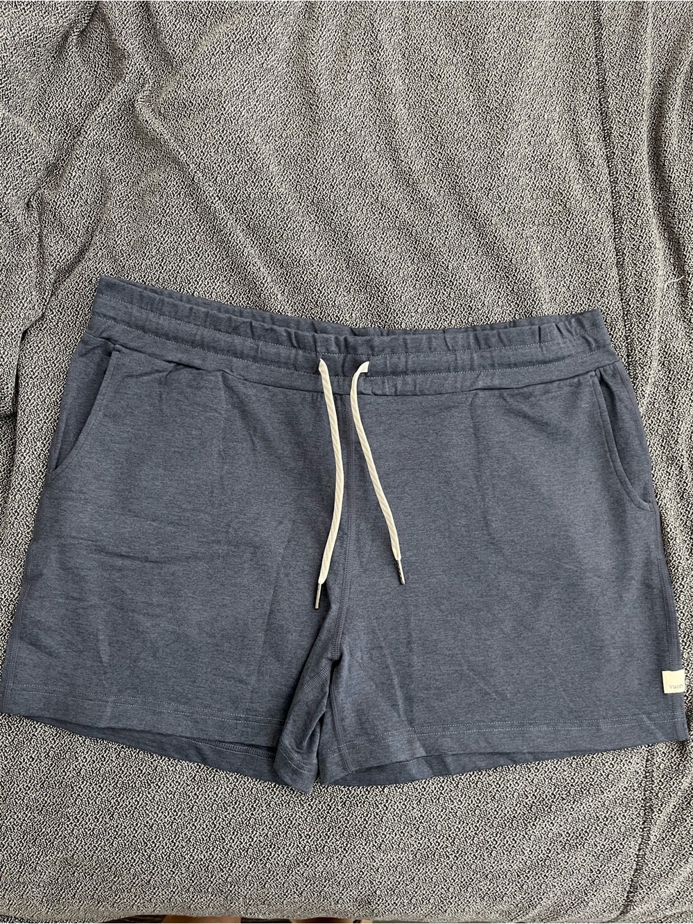 Vuori Slate Blue Lounge Shorts with Cream Drawstring